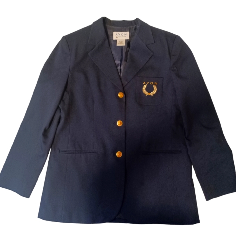 Avon Vintage Navy Wool Blend Crested Blazer Size 16 and 2 representative…